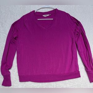 Candace Cameron Bure V-Neck Puff Sleeve Sweatshirt Magenta Pink XXS